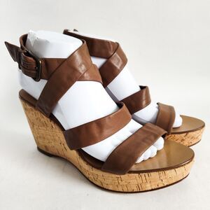 J Crew Tan Sevigne Strappy Washed Leather Cork 3.5" Wedge Sandals Womens Size 8